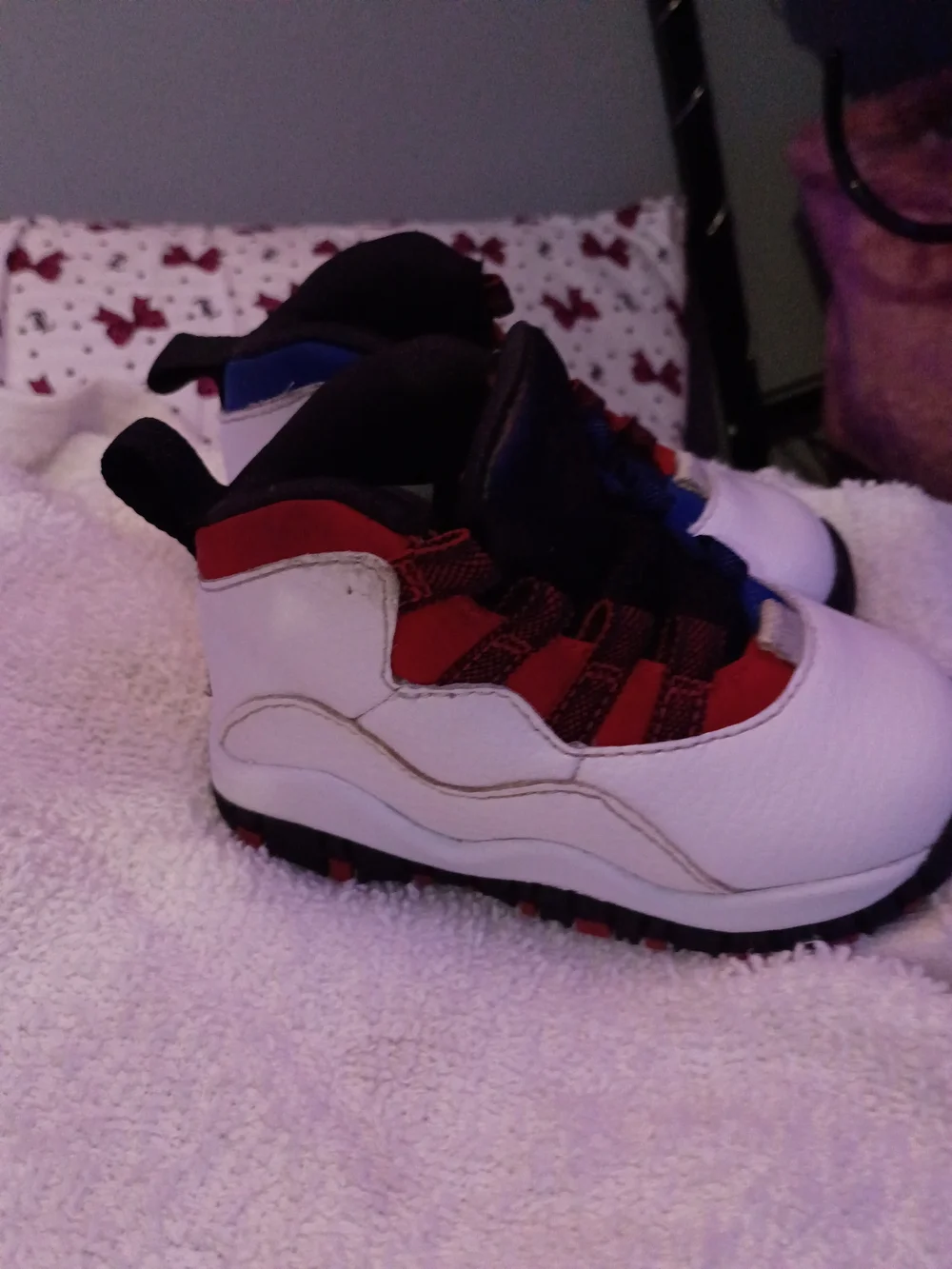 Kids Jordans White Sneakers with Red & Blue Accents
